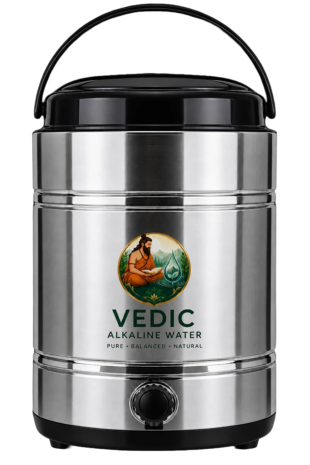 Stainless steel alkaline water converter jug with carry handle and dispensing tap