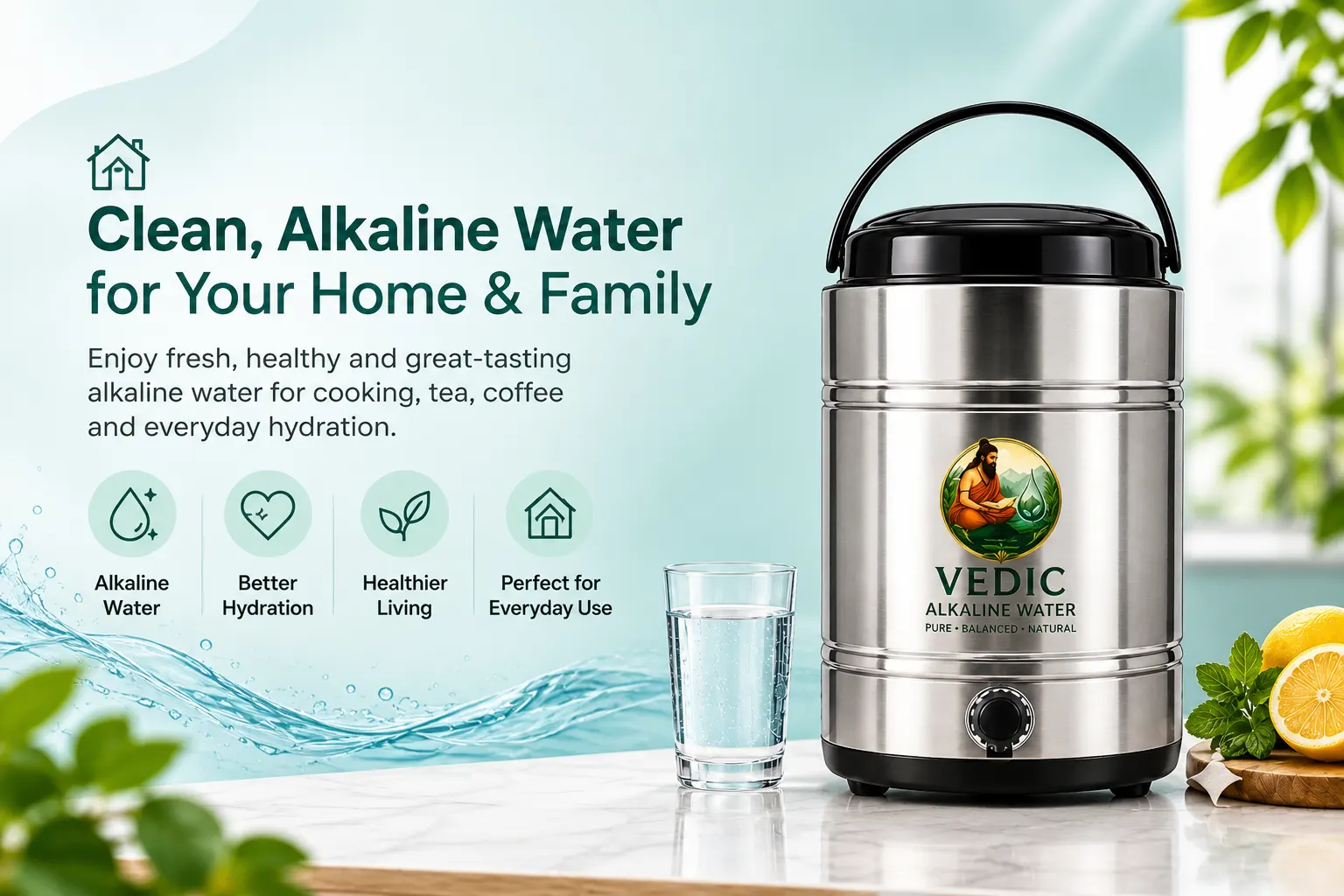 Family in a bright kitchen filling glasses from a 10-Litre water dispenser